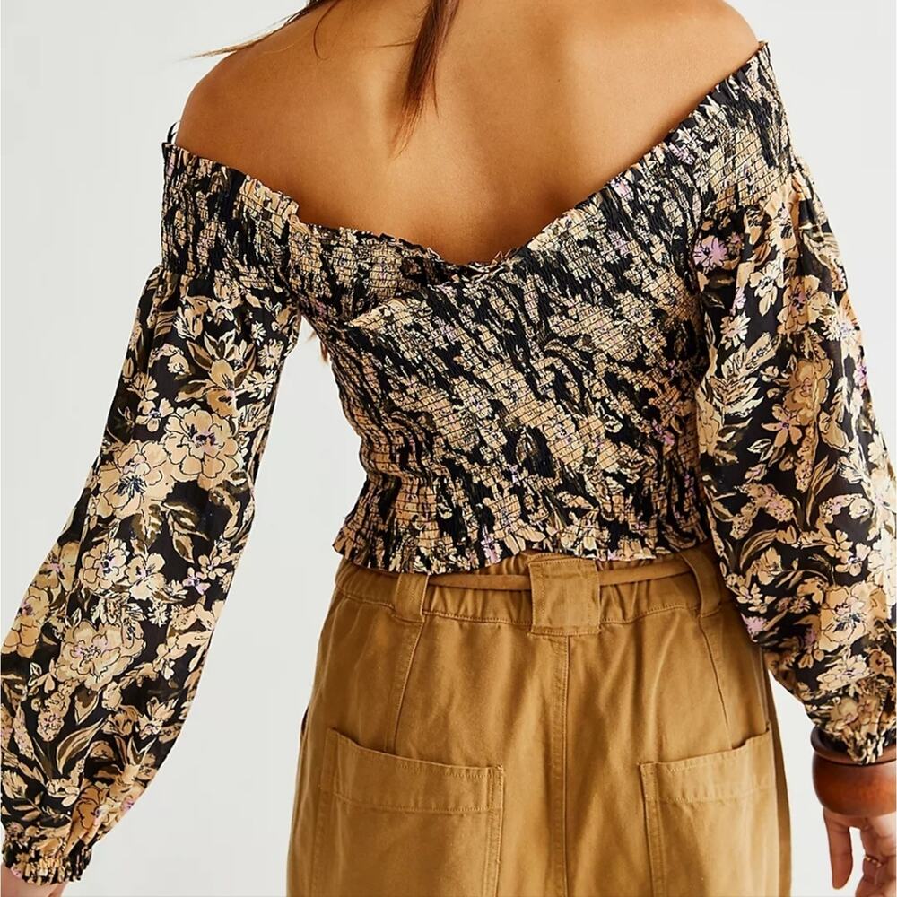 Free People East To West Smocked Off Shoulder Top Black Gold Floral Blouse M FP - Picture 4 of 14